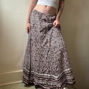 Christopher & Banks Peasant Skirt Medium Brown White Printed Drawstring Hippie